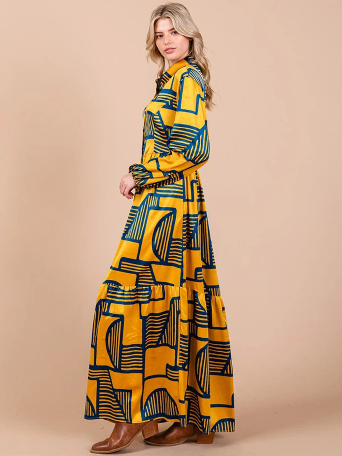 WOMEN'S LONG SLEEVE BUTTON UP FRONT POCKETS MULTI PRINT MAXI DRESS
