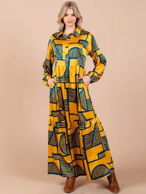 WOMEN'S LONG SLEEVE BUTTON UP FRONT POCKETS MULTI PRINT MAXI DRESS