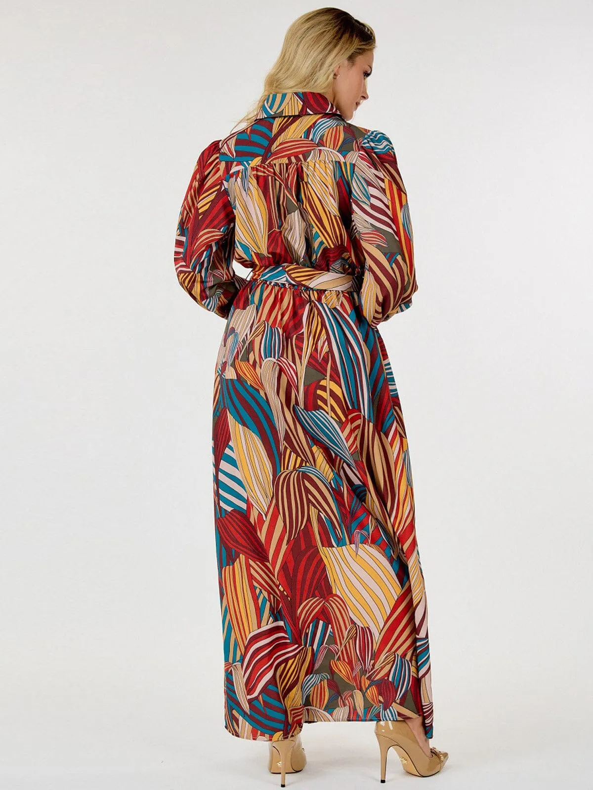 WOMEN'S LONG SLEEVE BUTTON UP FRONT POCKETS SELF TIE LEAF PRINT MAXI DRESS
