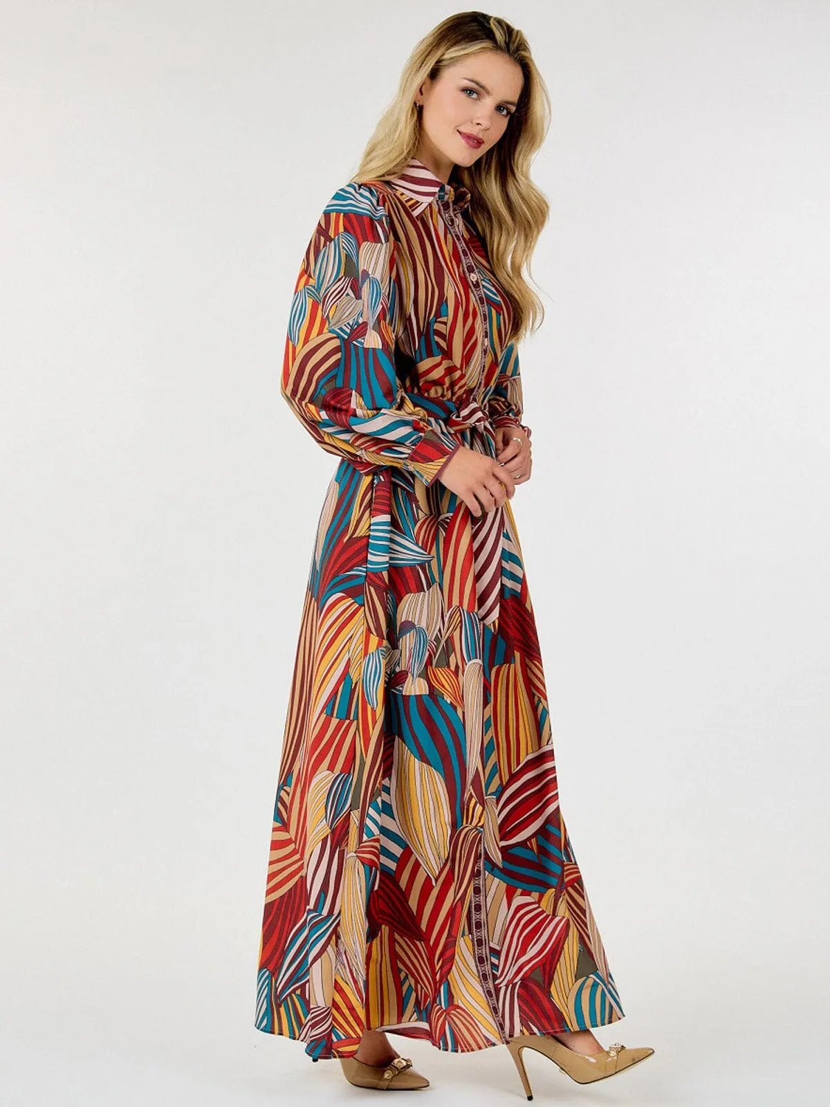 WOMEN'S LONG SLEEVE BUTTON UP FRONT POCKETS SELF TIE LEAF PRINT MAXI DRESS