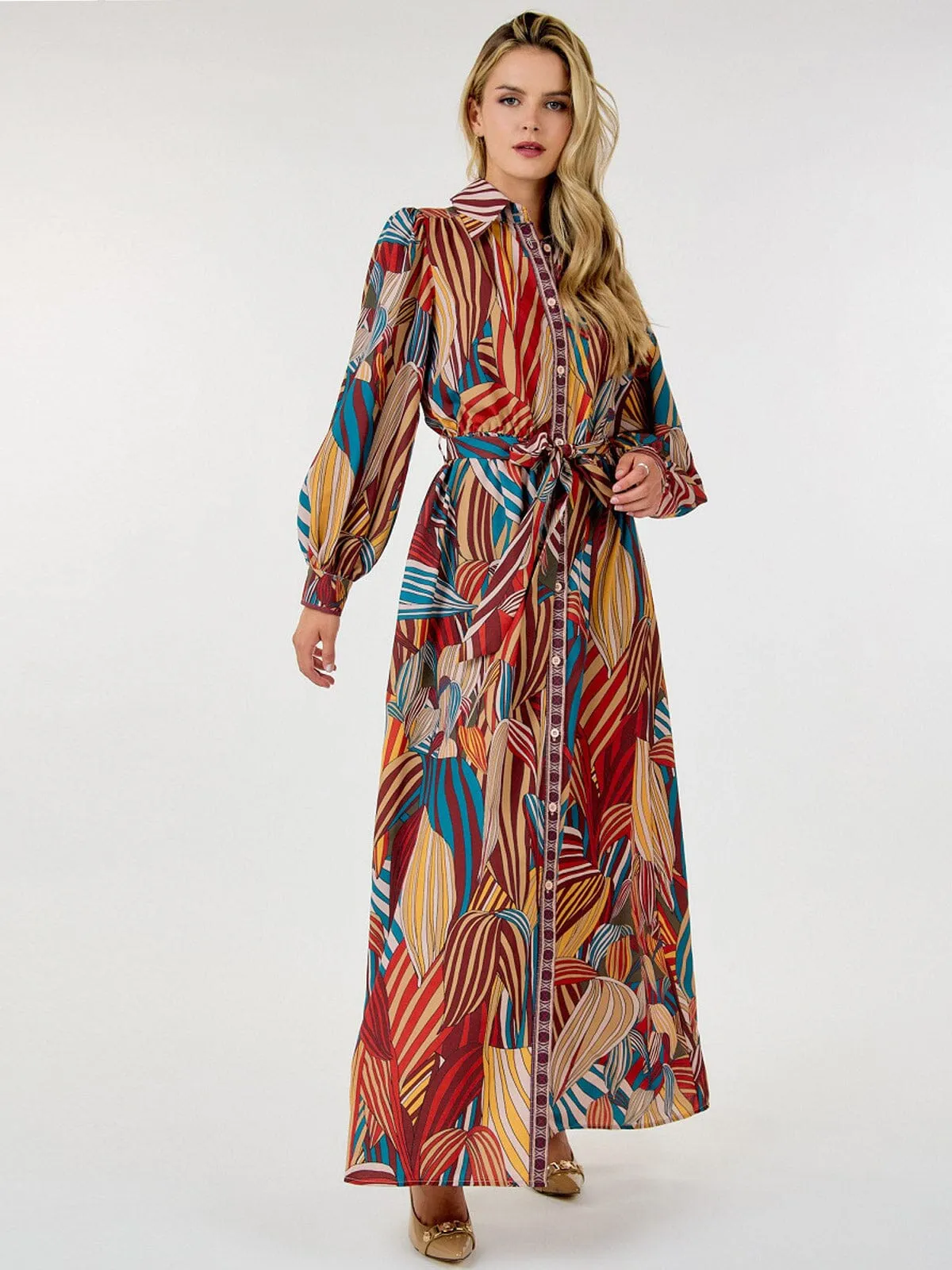 WOMEN'S LONG SLEEVE BUTTON UP FRONT POCKETS SELF TIE LEAF PRINT MAXI DRESS