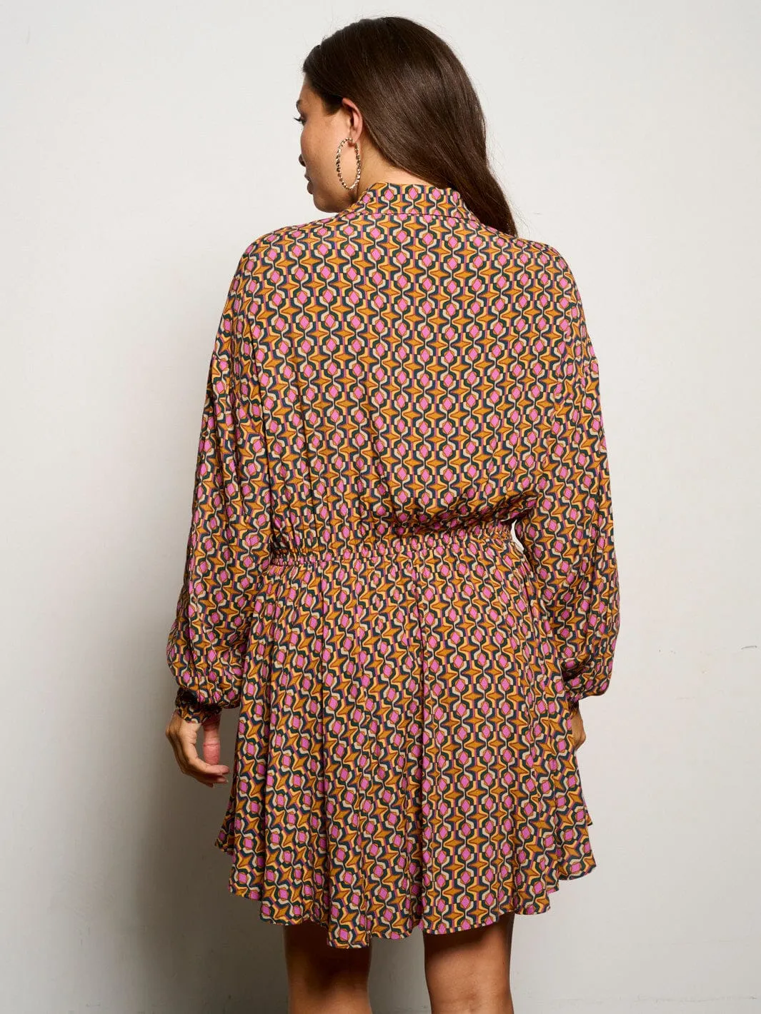 WOMEN'S LONG SLEEVE BUTTON UP MULTI PRINT MINI DRESS