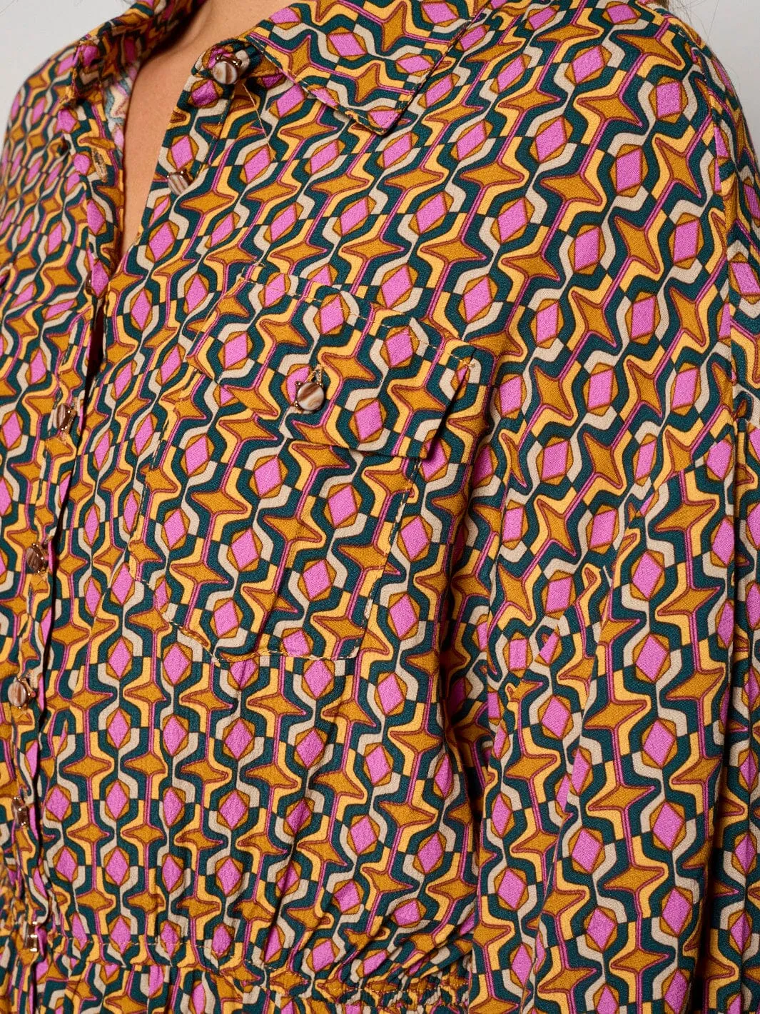 WOMEN'S LONG SLEEVE BUTTON UP MULTI PRINT MINI DRESS