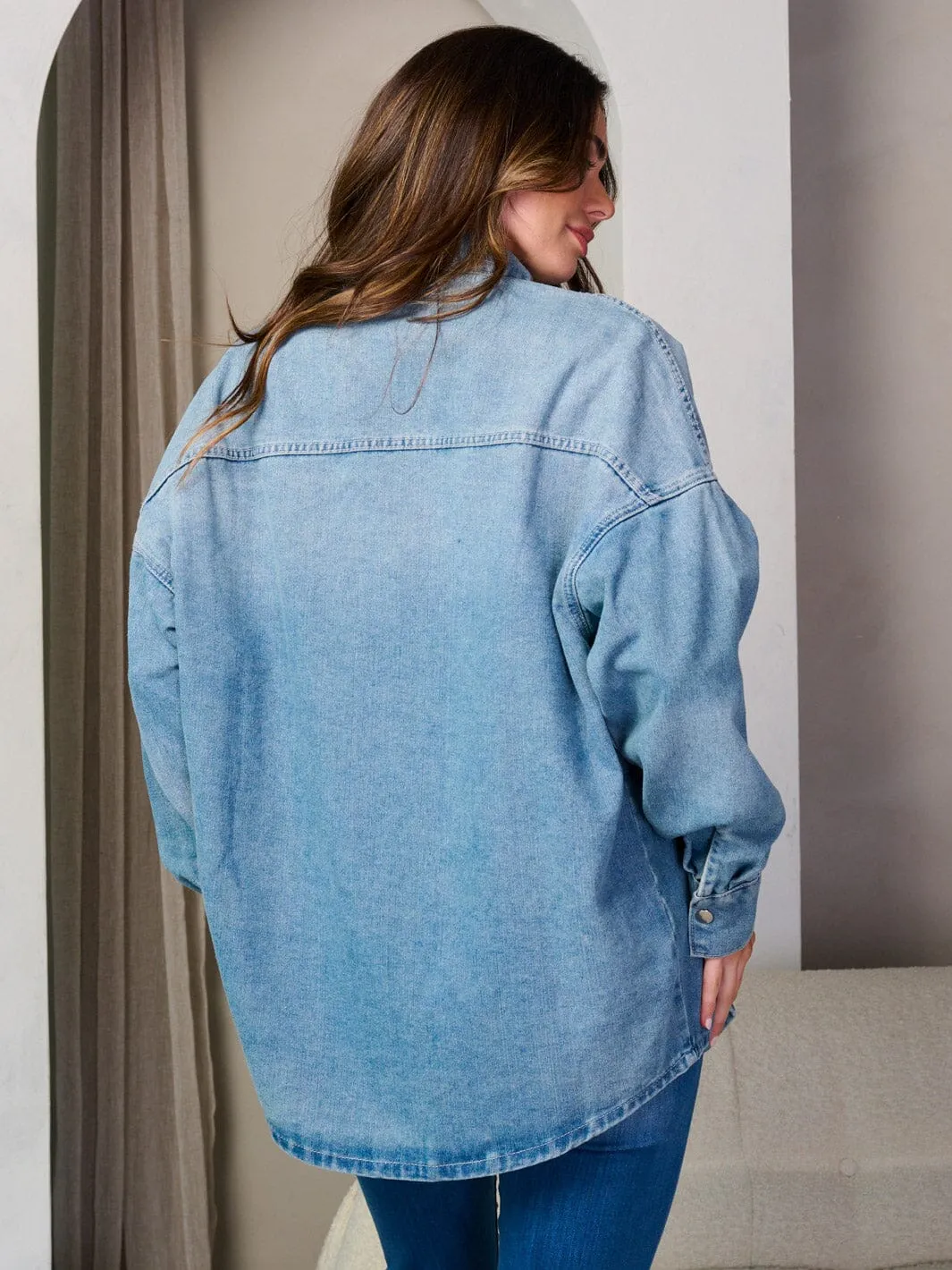 WOMEN'S LONG SLEEVE BUTTON UP POCKETS DENIM SHIRT