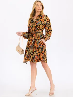 WOMEN'S LONG SLEEVE BUTTON UP POCKETS FLORAL MINI DRESS
