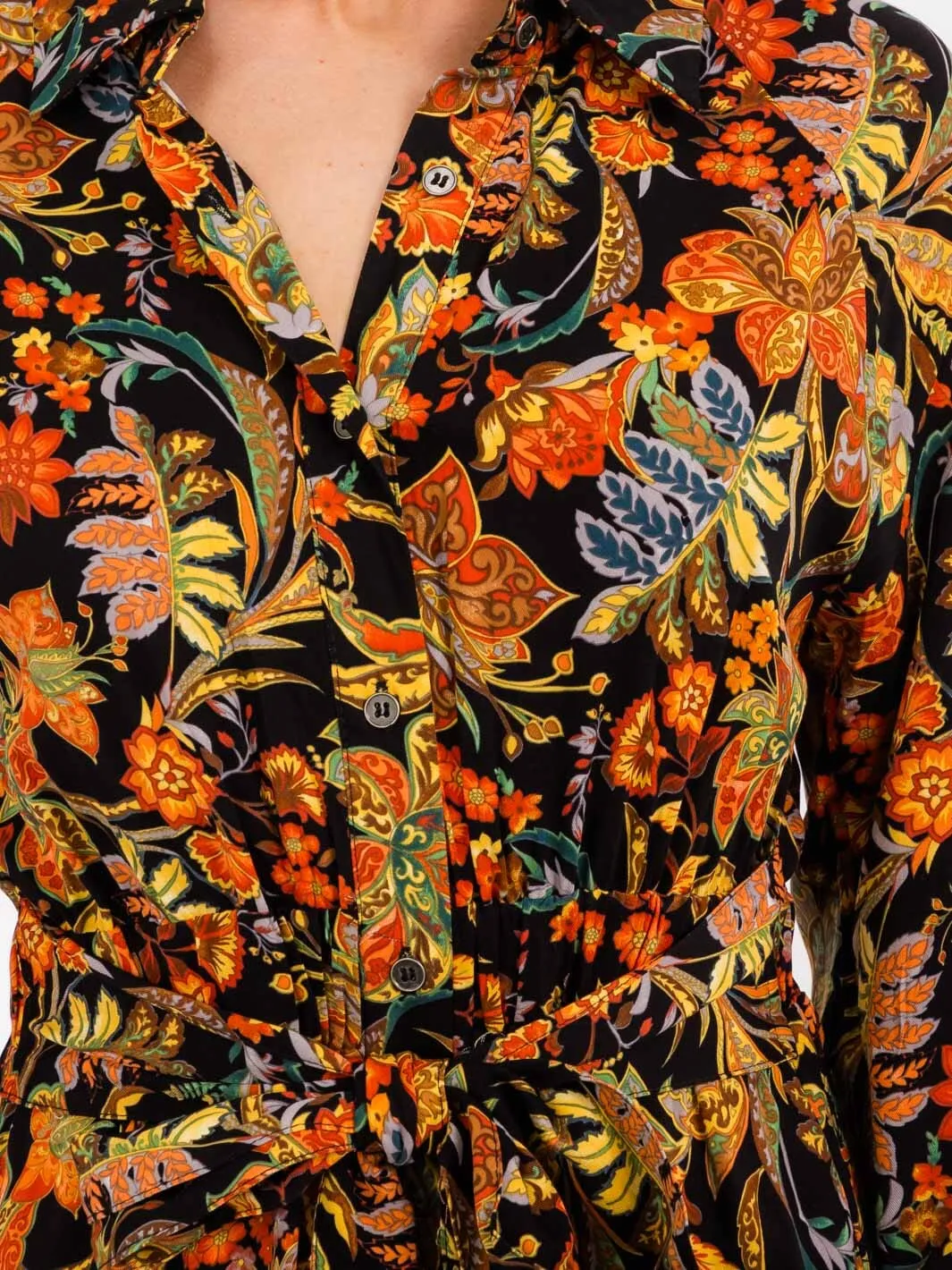 WOMEN'S LONG SLEEVE BUTTON UP POCKETS FLORAL MINI DRESS