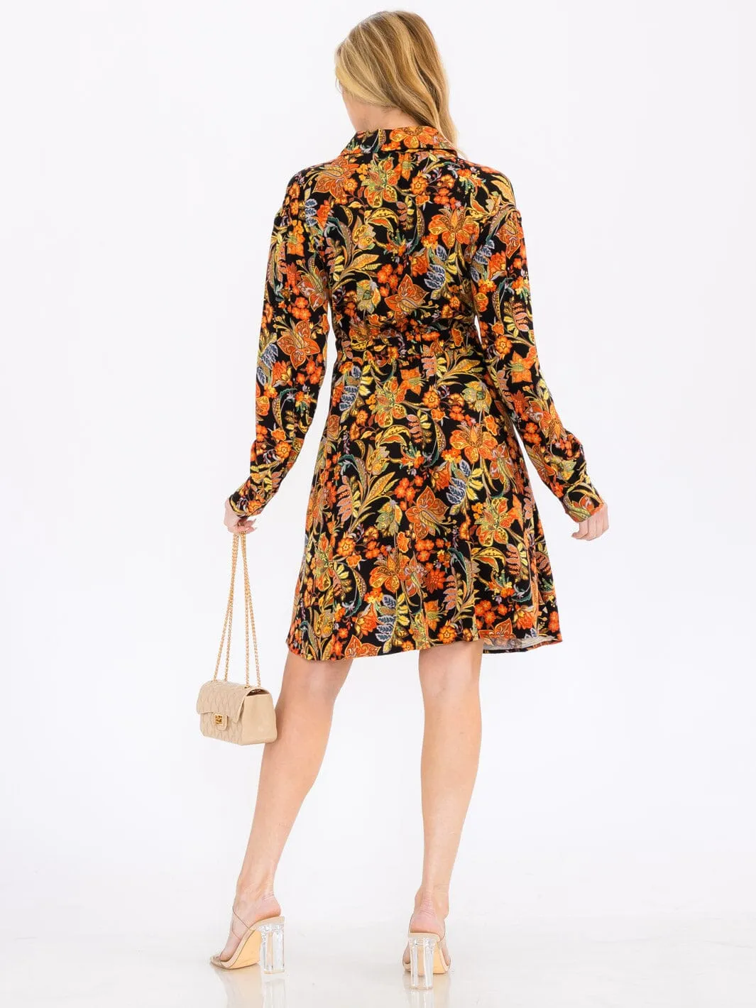 WOMEN'S LONG SLEEVE BUTTON UP POCKETS FLORAL MINI DRESS