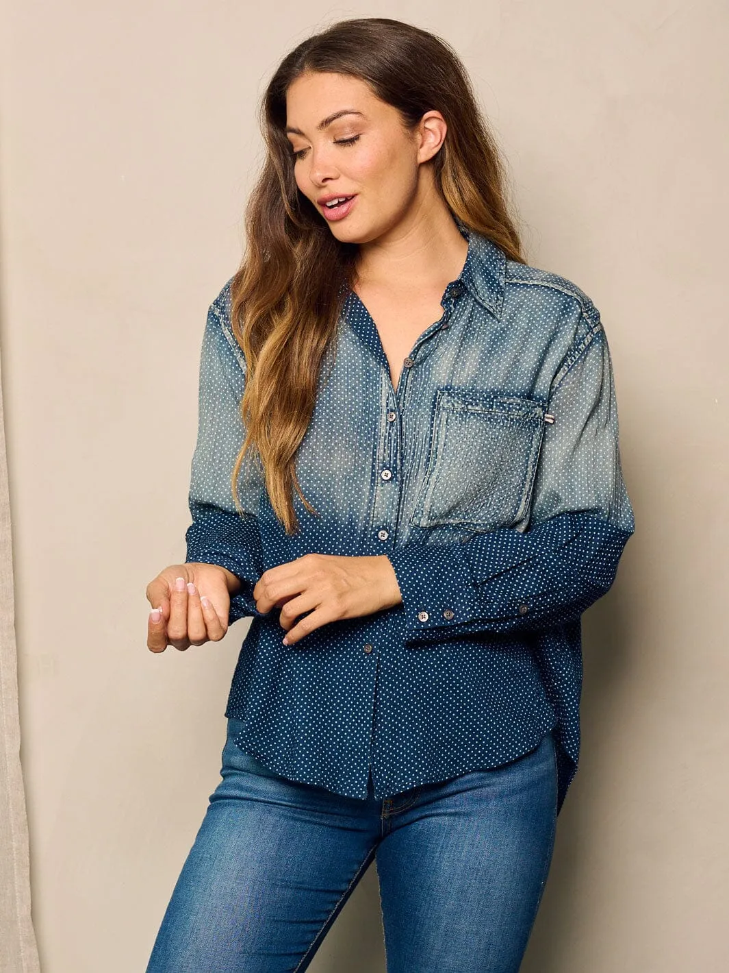 WOMEN'S LONG SLEEVE BUTTON UP POLKA DOTS WASHED BLOUSE TOP
