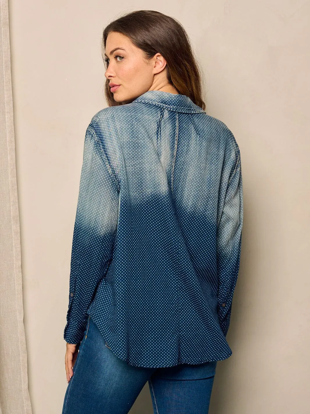 WOMEN'S LONG SLEEVE BUTTON UP POLKA DOTS WASHED BLOUSE TOP