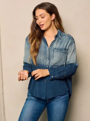 WOMEN'S LONG SLEEVE BUTTON UP POLKA DOTS WASHED BLOUSE TOP