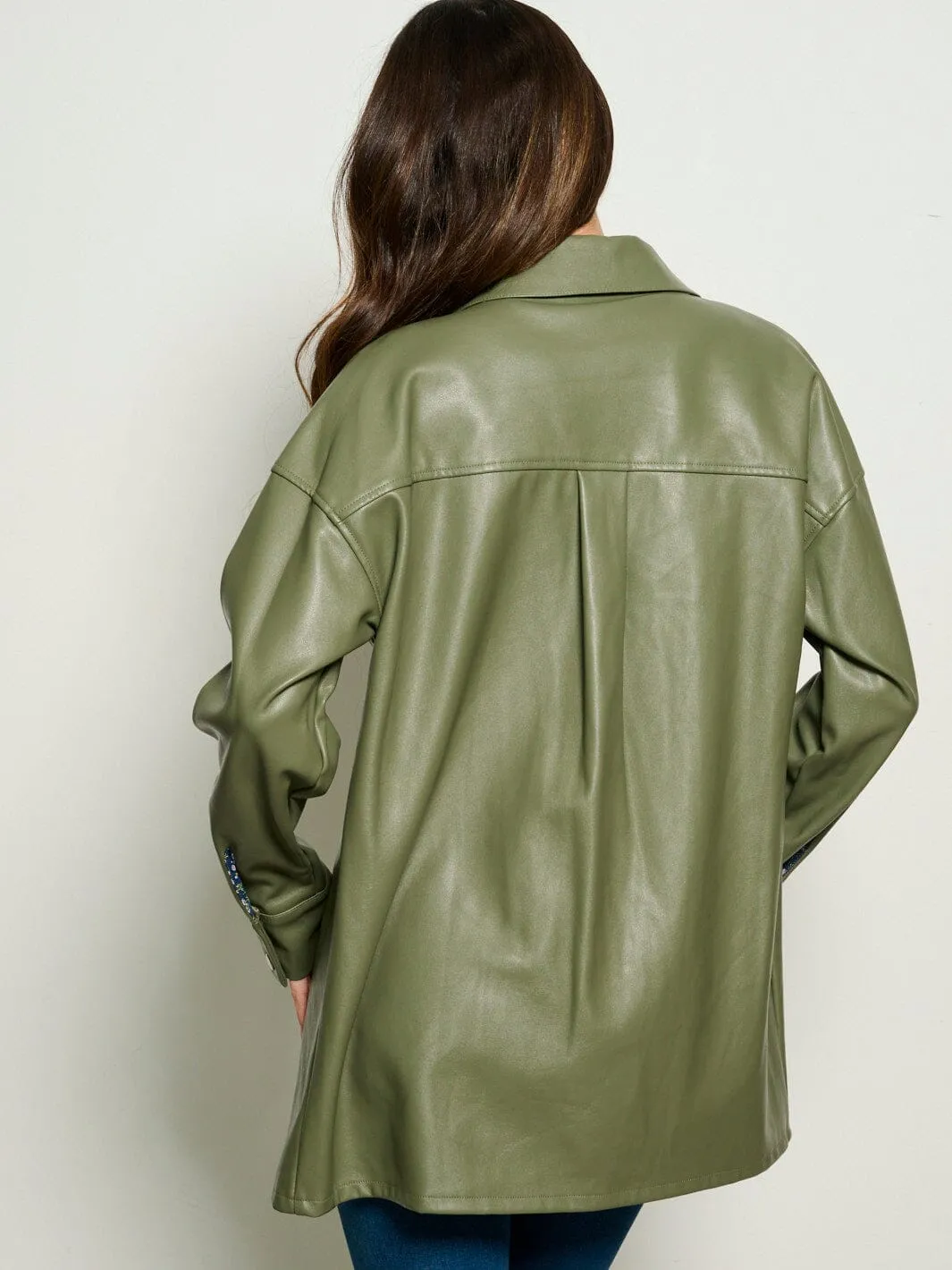 WOMEN'S LONG SLEEVE BUTTON UP PU PLEATHER OVERSIZED TOP