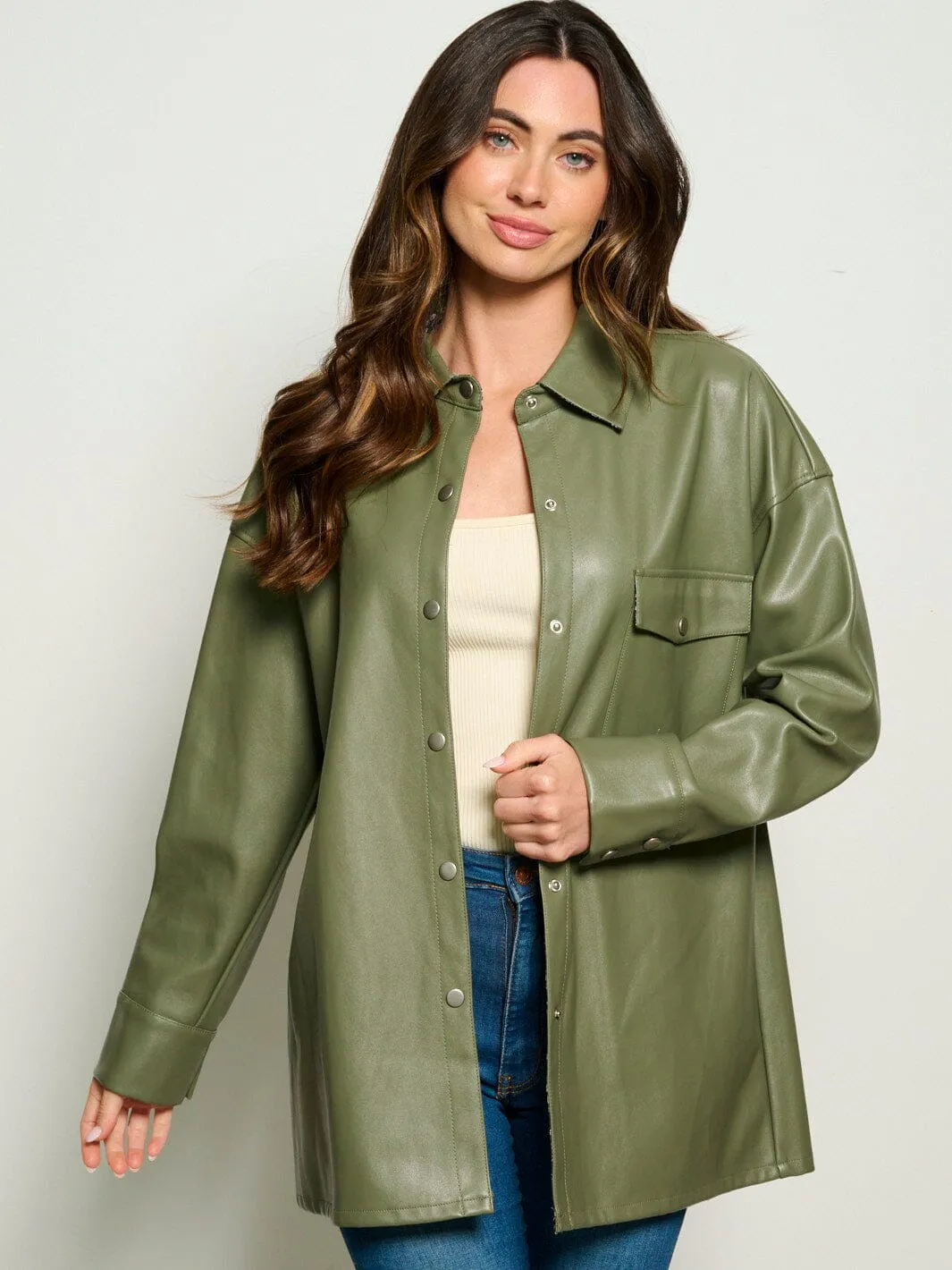 WOMEN'S LONG SLEEVE BUTTON UP PU PLEATHER OVERSIZED TOP