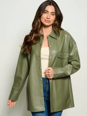 WOMEN'S LONG SLEEVE BUTTON UP PU PLEATHER OVERSIZED TOP