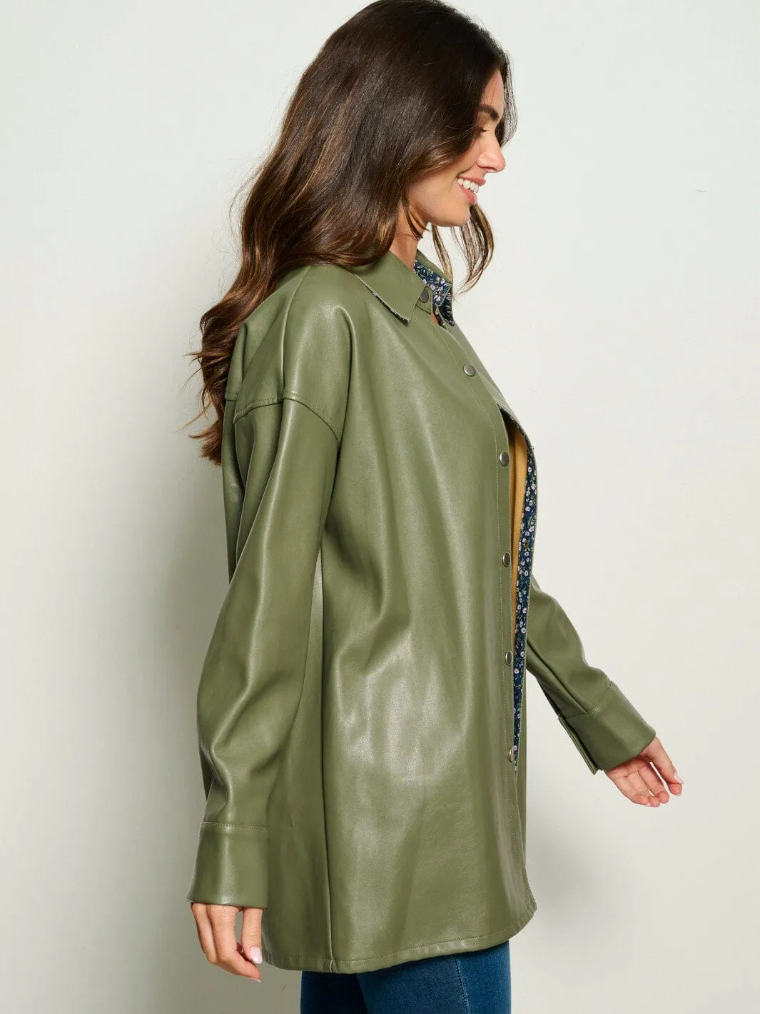 WOMEN'S LONG SLEEVE BUTTON UP PU PLEATHER OVERSIZED TOP