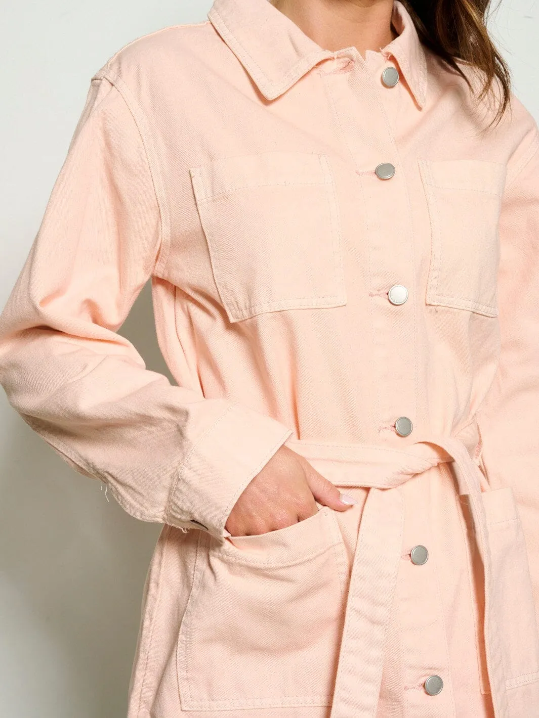 WOMEN'S LONG SLEEVE BUTTON UP SELF TIE POCKETS DENIM JACKET