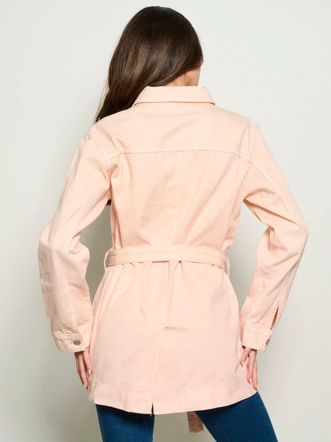 WOMEN'S LONG SLEEVE BUTTON UP SELF TIE POCKETS DENIM JACKET