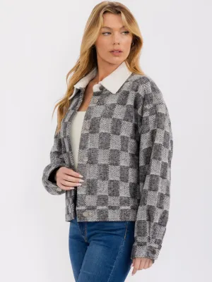 WOMEN'S LONG SLEEVE FRONT POCKET BUTTON UP CHECKERS JACKET