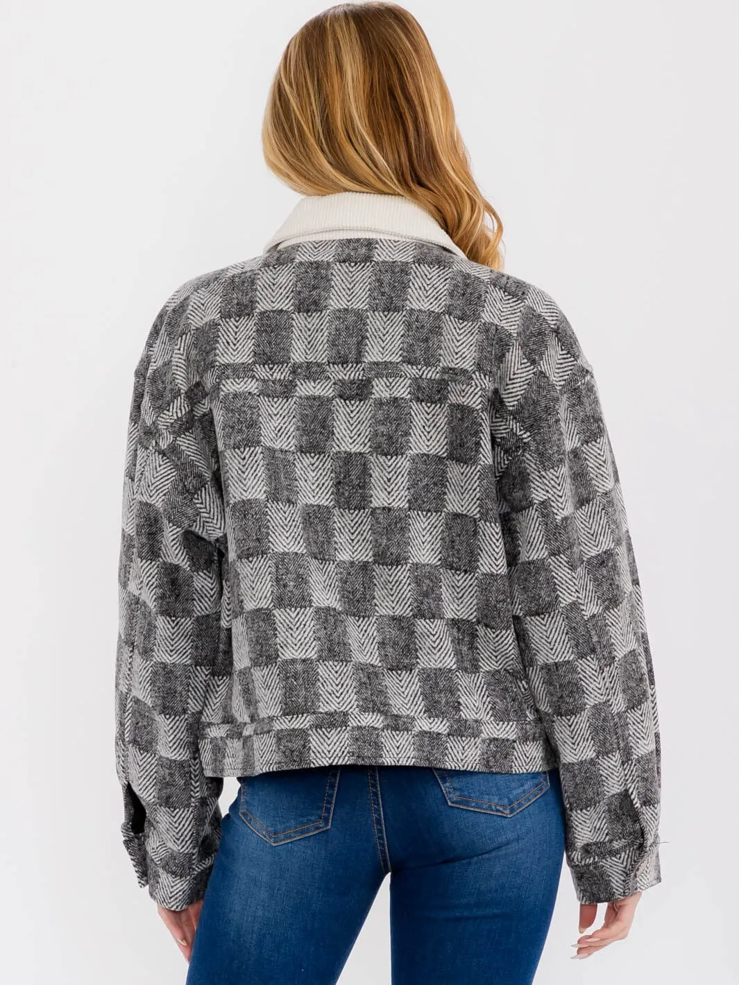 WOMEN'S LONG SLEEVE FRONT POCKET BUTTON UP CHECKERS JACKET