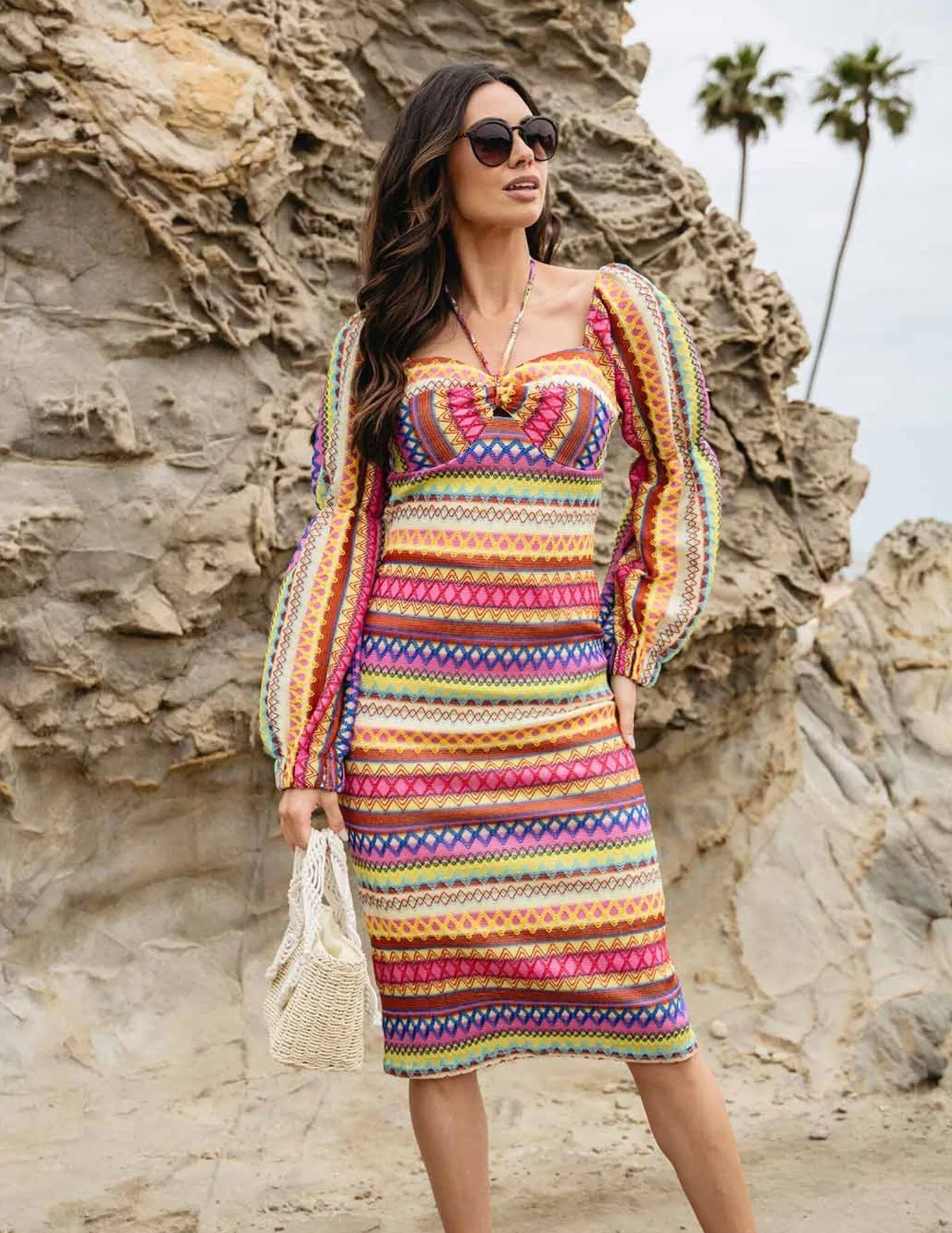 WOMEN'S LONG SLEEVE NECK TIE BODYCON MULTI MIDI DRESS