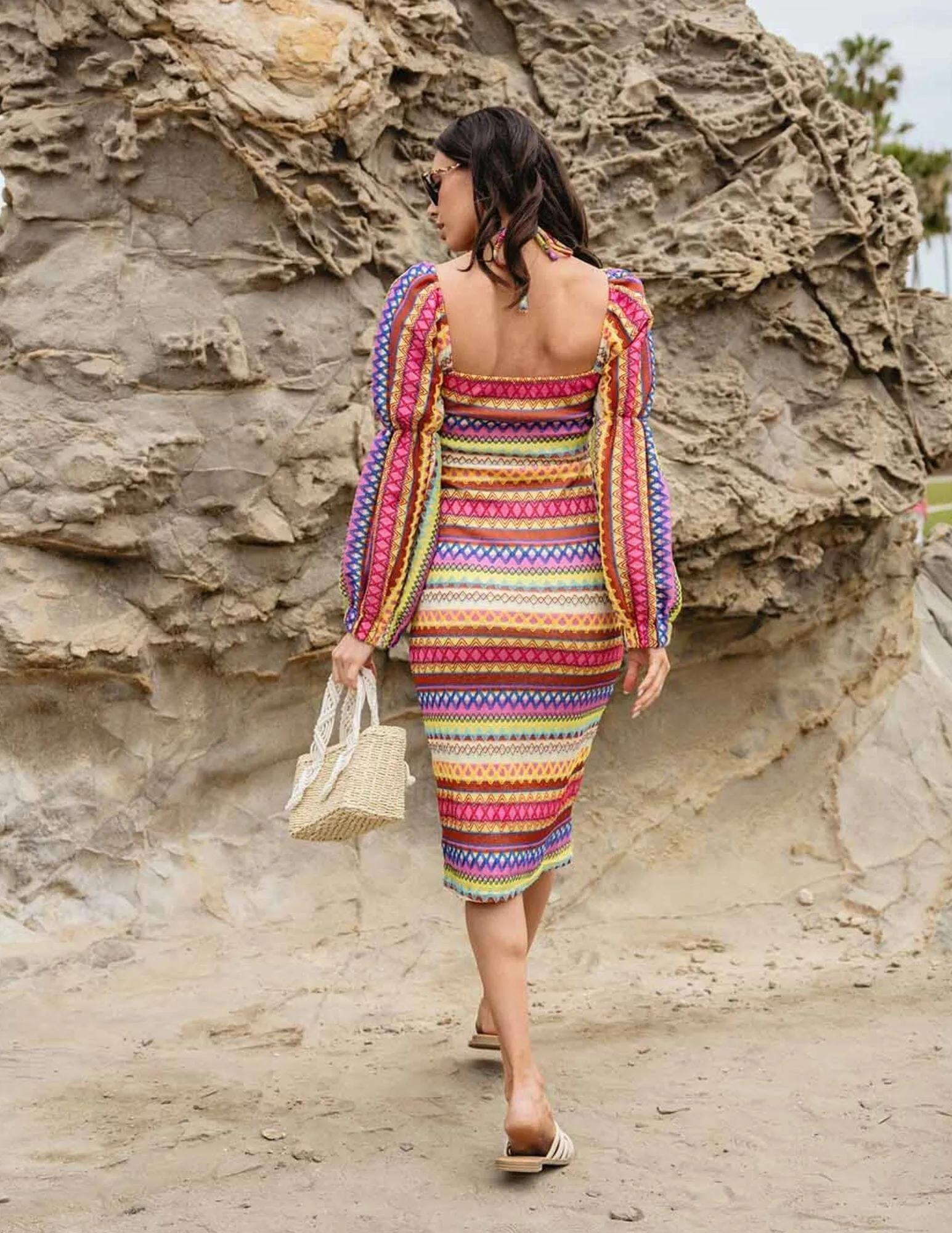 WOMEN'S LONG SLEEVE NECK TIE BODYCON MULTI MIDI DRESS