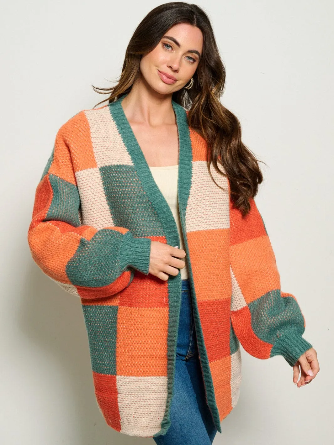 WOMEN'S LONG SLEEVE OPEN FRONT COLORBLOCK CARDIGAN