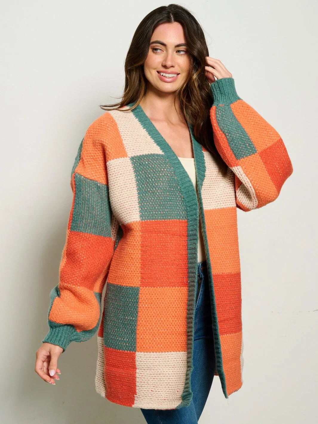 WOMEN'S LONG SLEEVE OPEN FRONT COLORBLOCK CARDIGAN