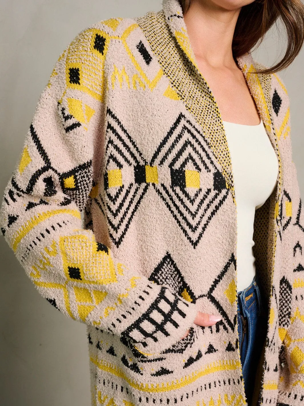 WOMEN'S LONG SLEEVE OPEN FRONT POCKETS COLORBLOCK CARDIGAN