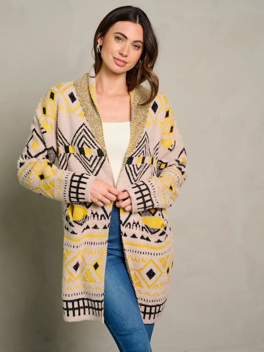WOMEN'S LONG SLEEVE OPEN FRONT POCKETS COLORBLOCK CARDIGAN
