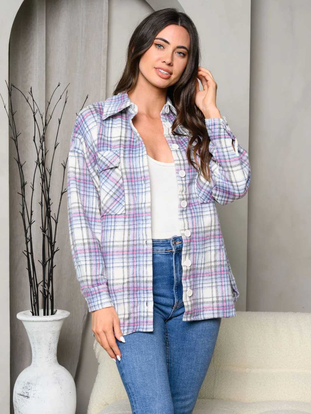 WOMEN'S LONG SLEEVE PLAID FRONT POCKETS BUTTON UP JACKET