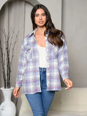 WOMEN'S LONG SLEEVE PLAID FRONT POCKETS BUTTON UP JACKET