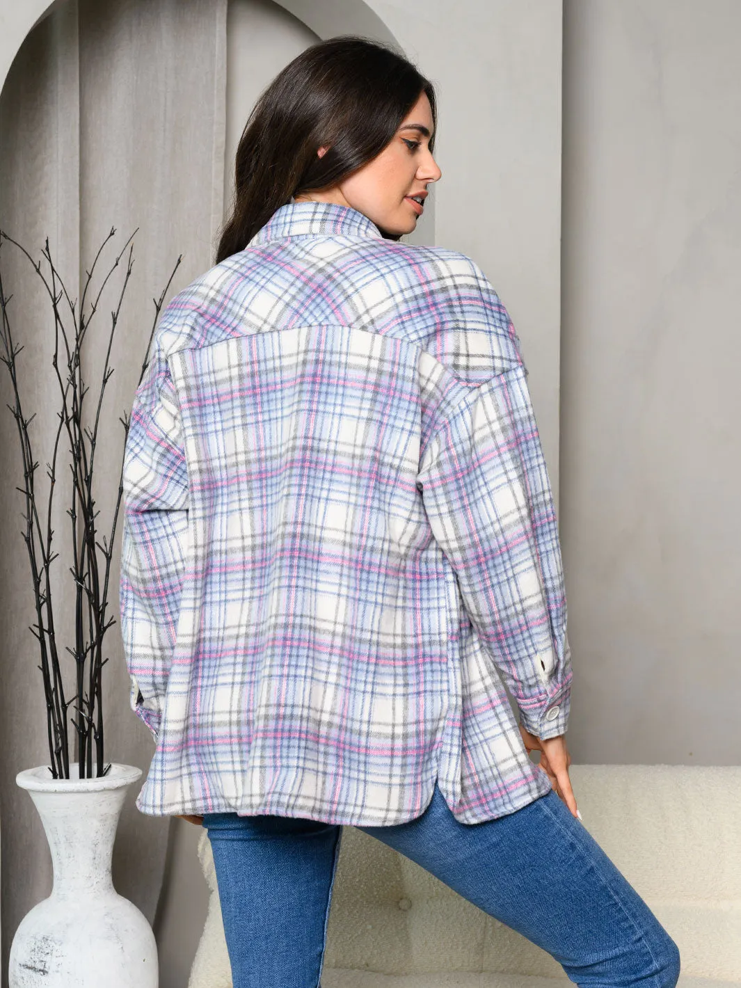 WOMEN'S LONG SLEEVE PLAID FRONT POCKETS BUTTON UP JACKET