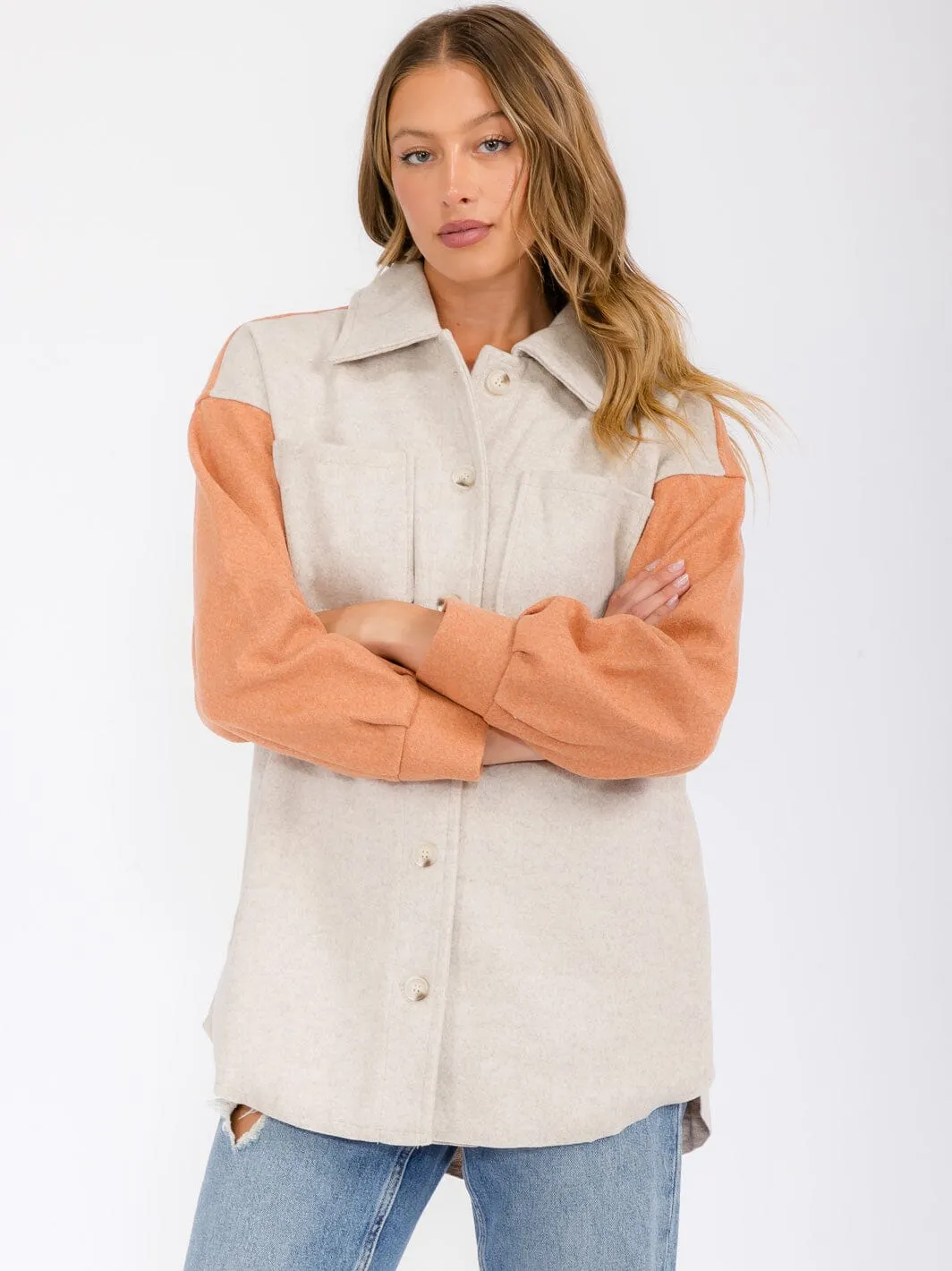 WOMEN'S LONG SLEEVE POCKETS BUTTON UP COLORBLOCK JACKET