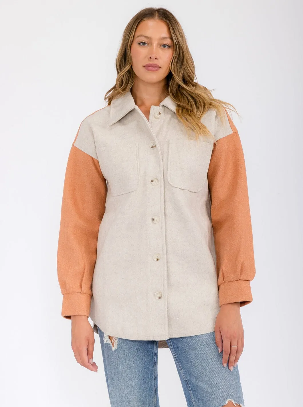 WOMEN'S LONG SLEEVE POCKETS BUTTON UP COLORBLOCK JACKET