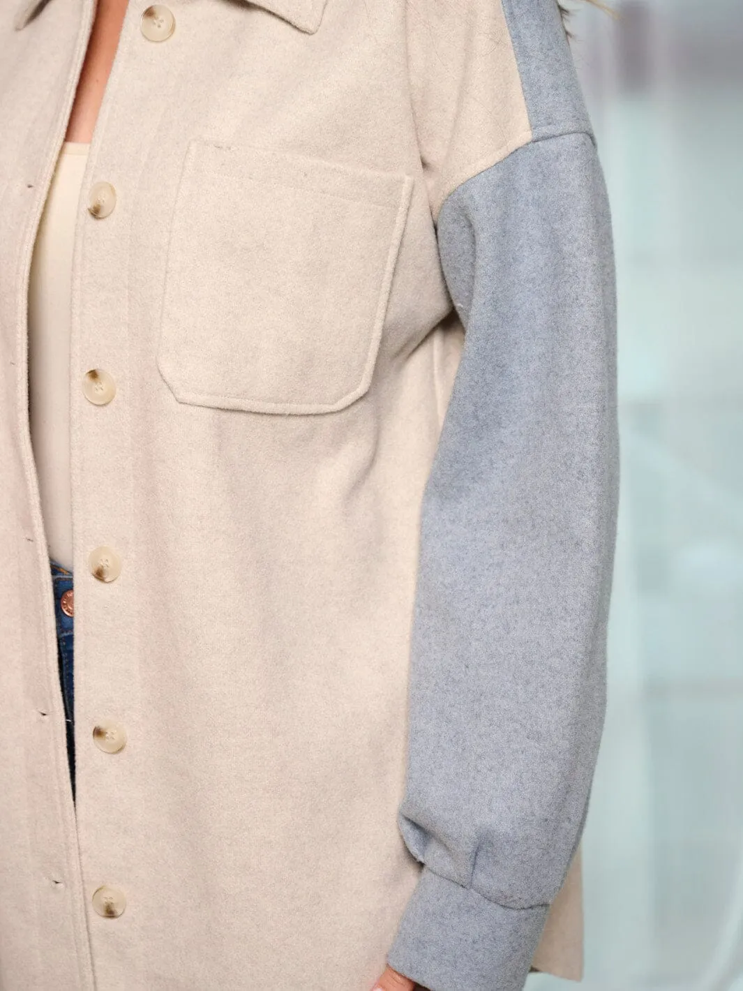 WOMEN'S LONG SLEEVE POCKETS BUTTON UP COLORBLOCK JACKET