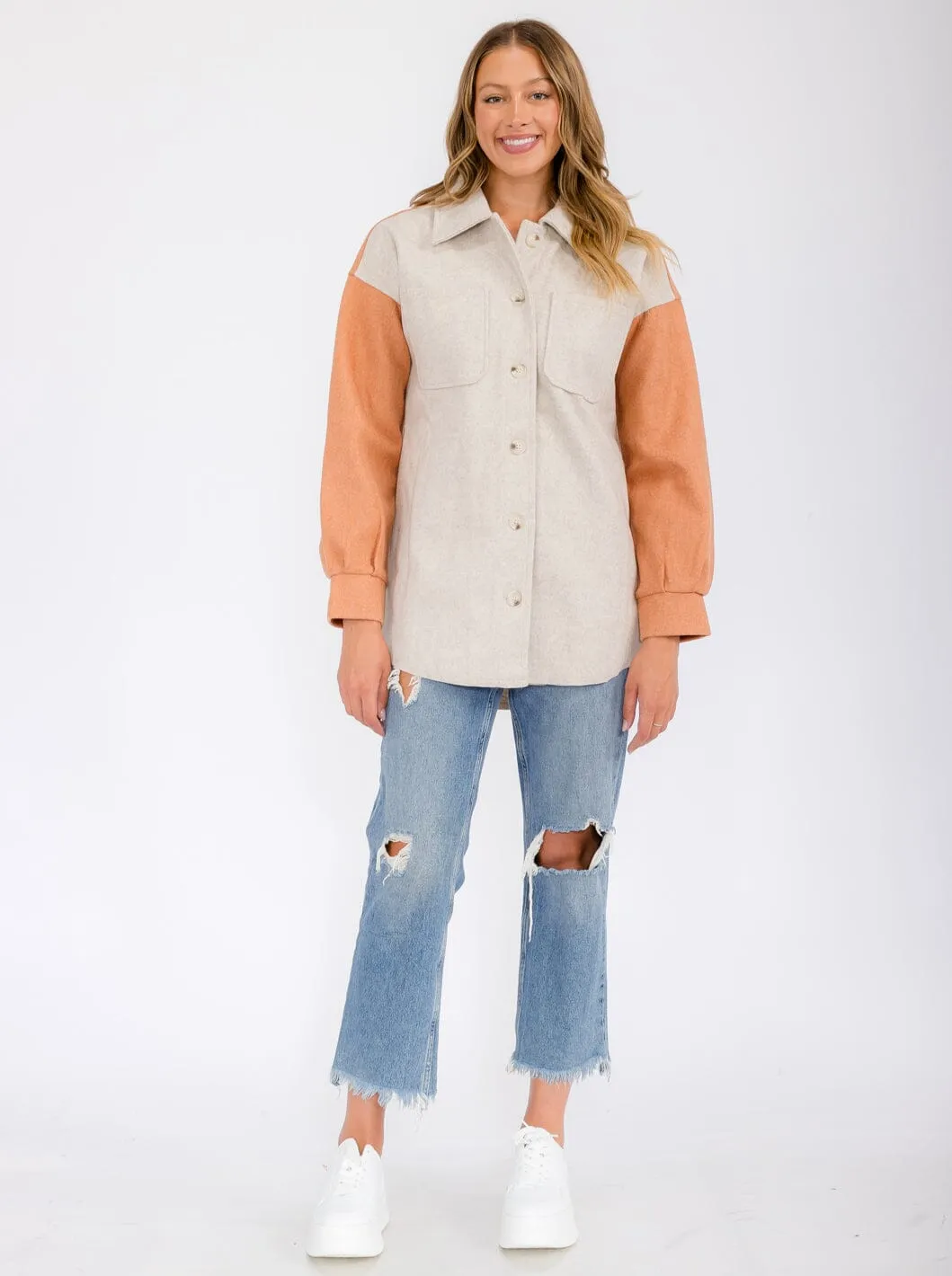 WOMEN'S LONG SLEEVE POCKETS BUTTON UP COLORBLOCK JACKET