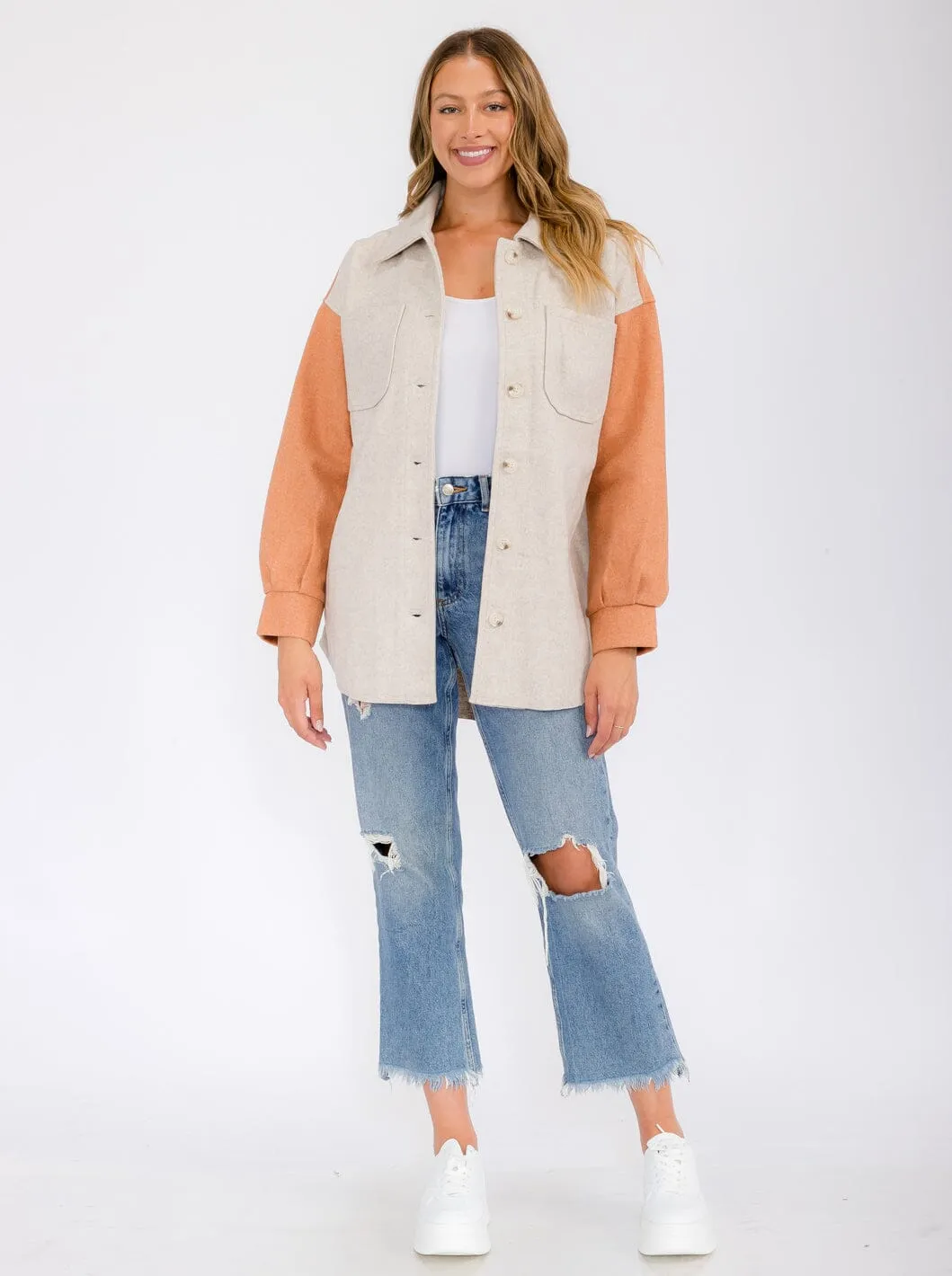 WOMEN'S LONG SLEEVE POCKETS BUTTON UP COLORBLOCK JACKET