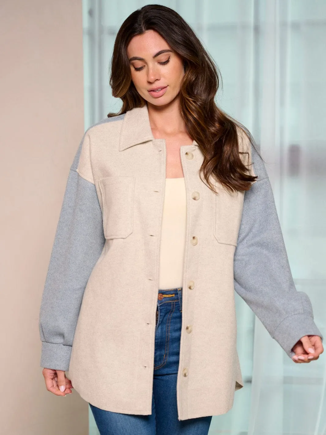 WOMEN'S LONG SLEEVE POCKETS BUTTON UP COLORBLOCK JACKET