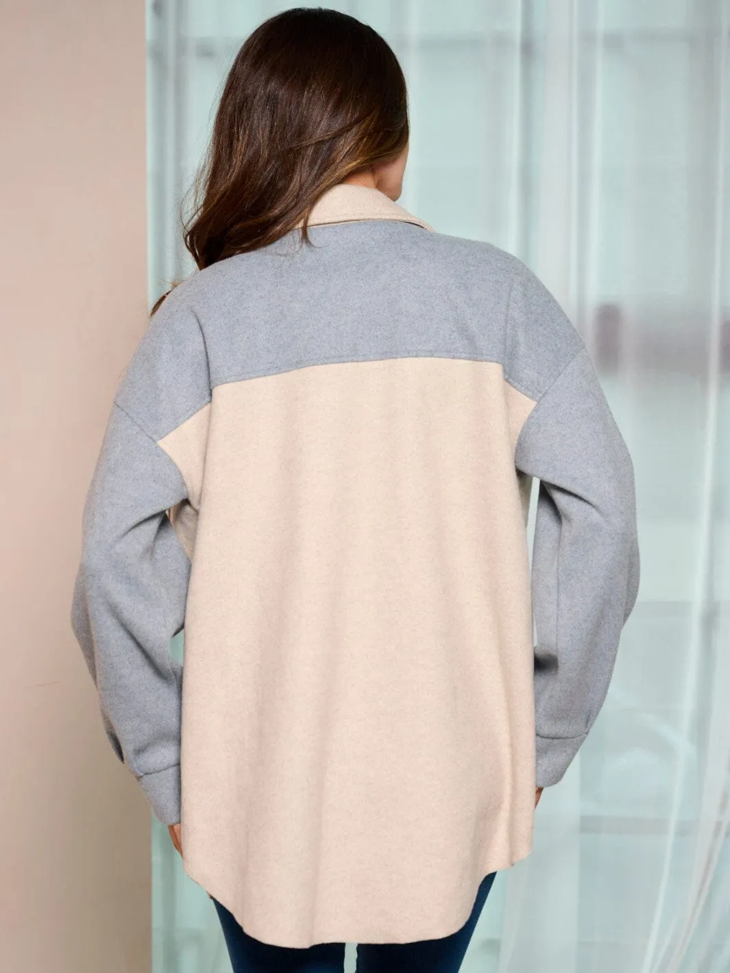 WOMEN'S LONG SLEEVE POCKETS BUTTON UP COLORBLOCK JACKET