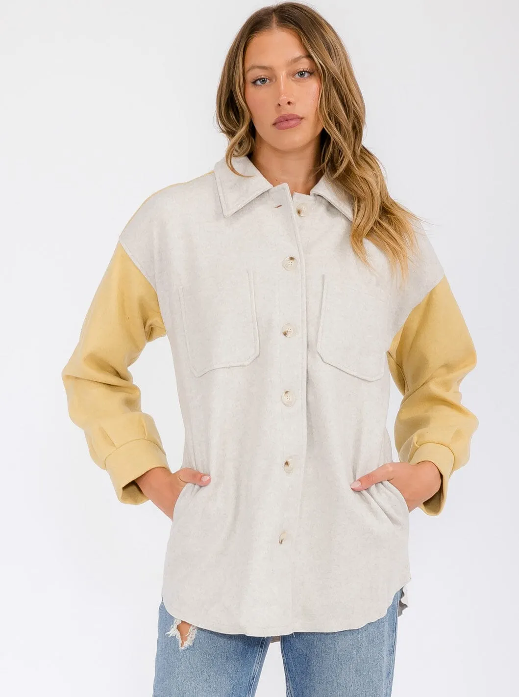 WOMEN'S LONG SLEEVE POCKETS BUTTON UP COLORBLOCK JACKET