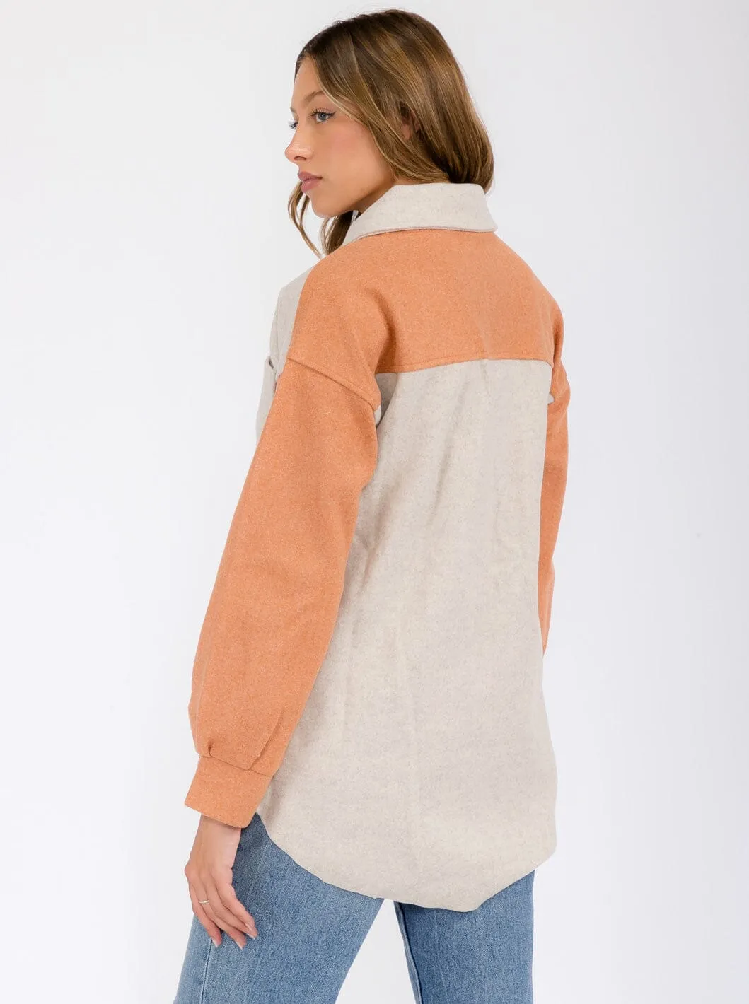 WOMEN'S LONG SLEEVE POCKETS BUTTON UP COLORBLOCK JACKET
