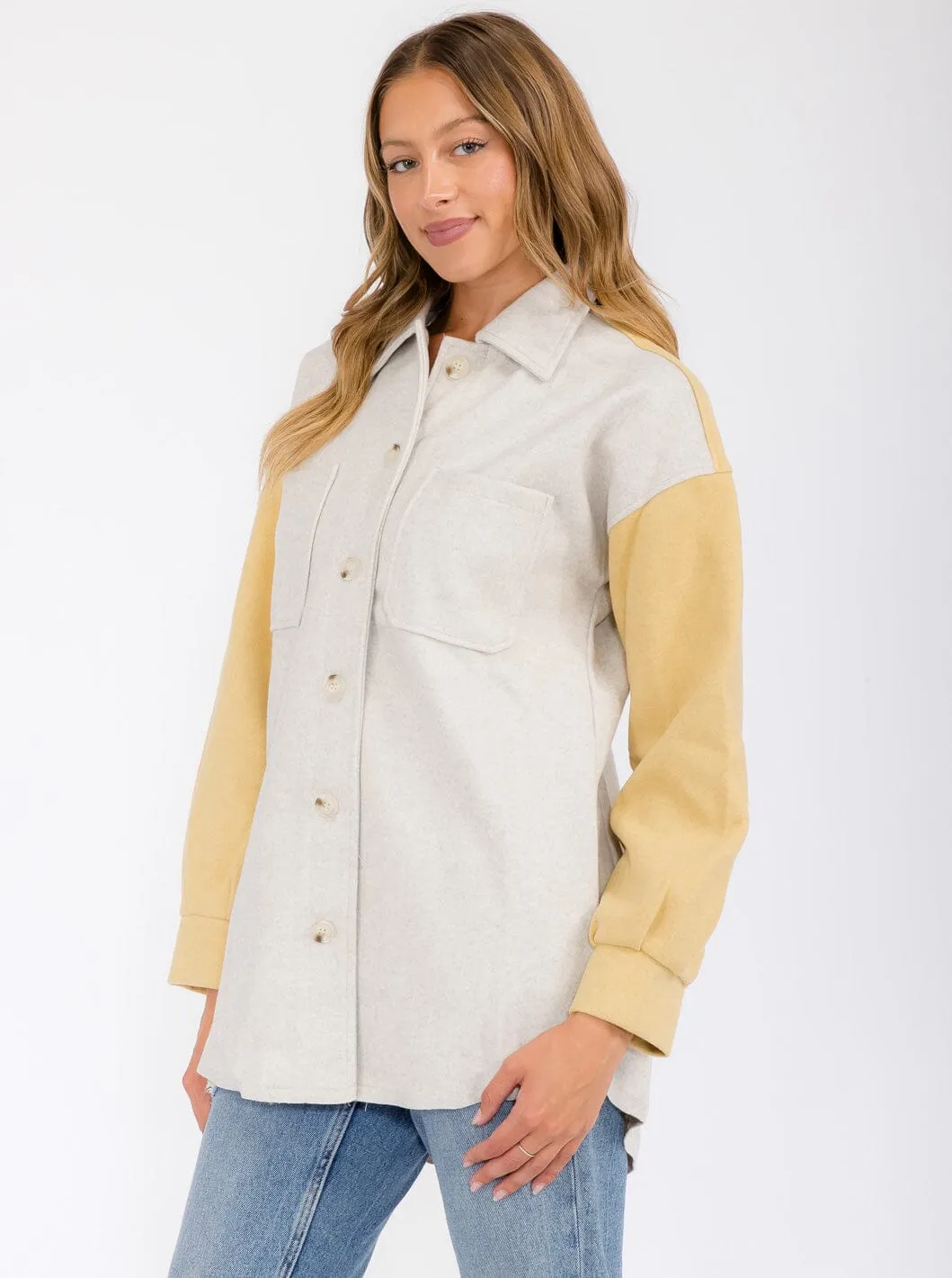 WOMEN'S LONG SLEEVE POCKETS BUTTON UP COLORBLOCK JACKET