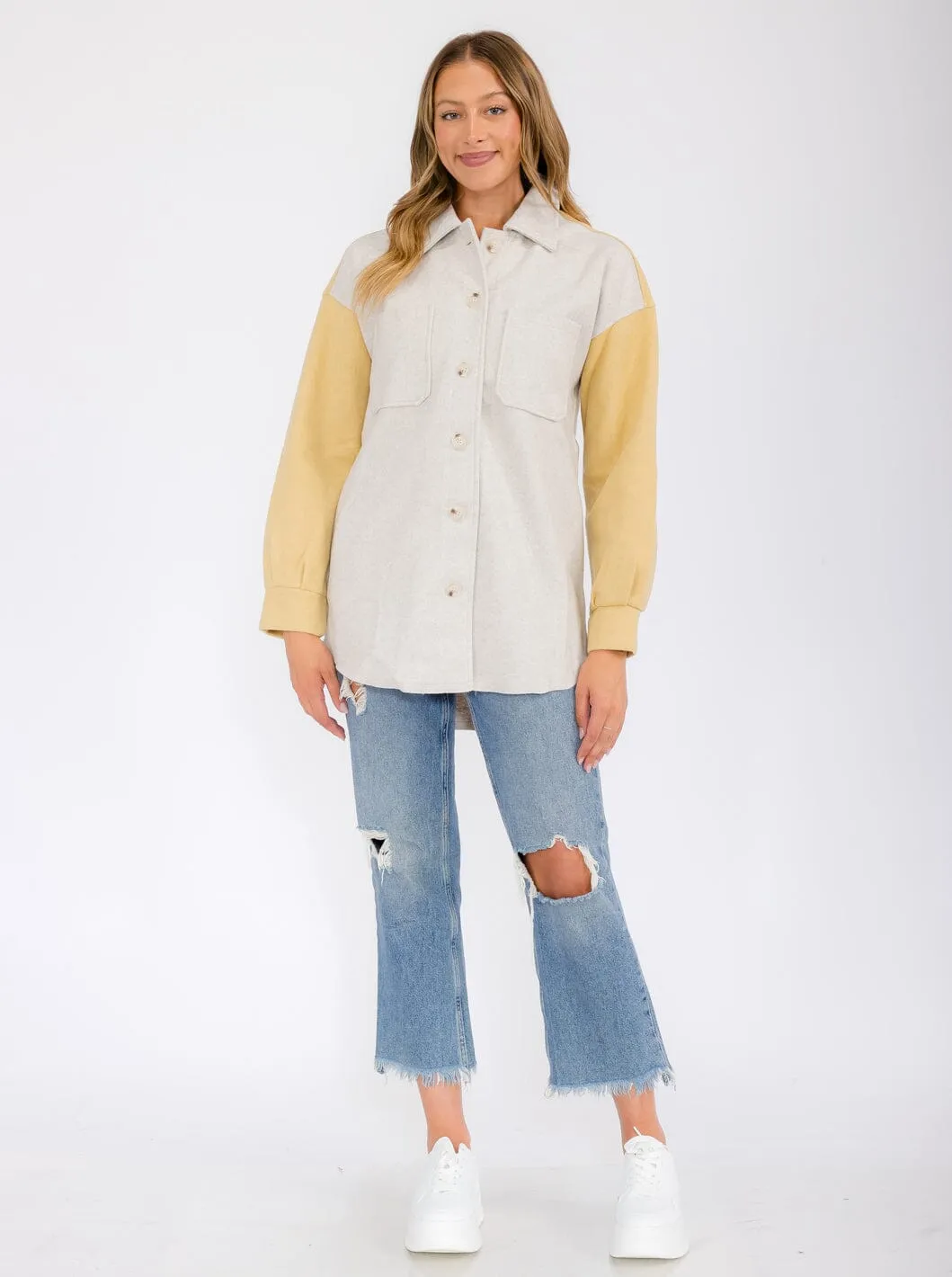 WOMEN'S LONG SLEEVE POCKETS BUTTON UP COLORBLOCK JACKET