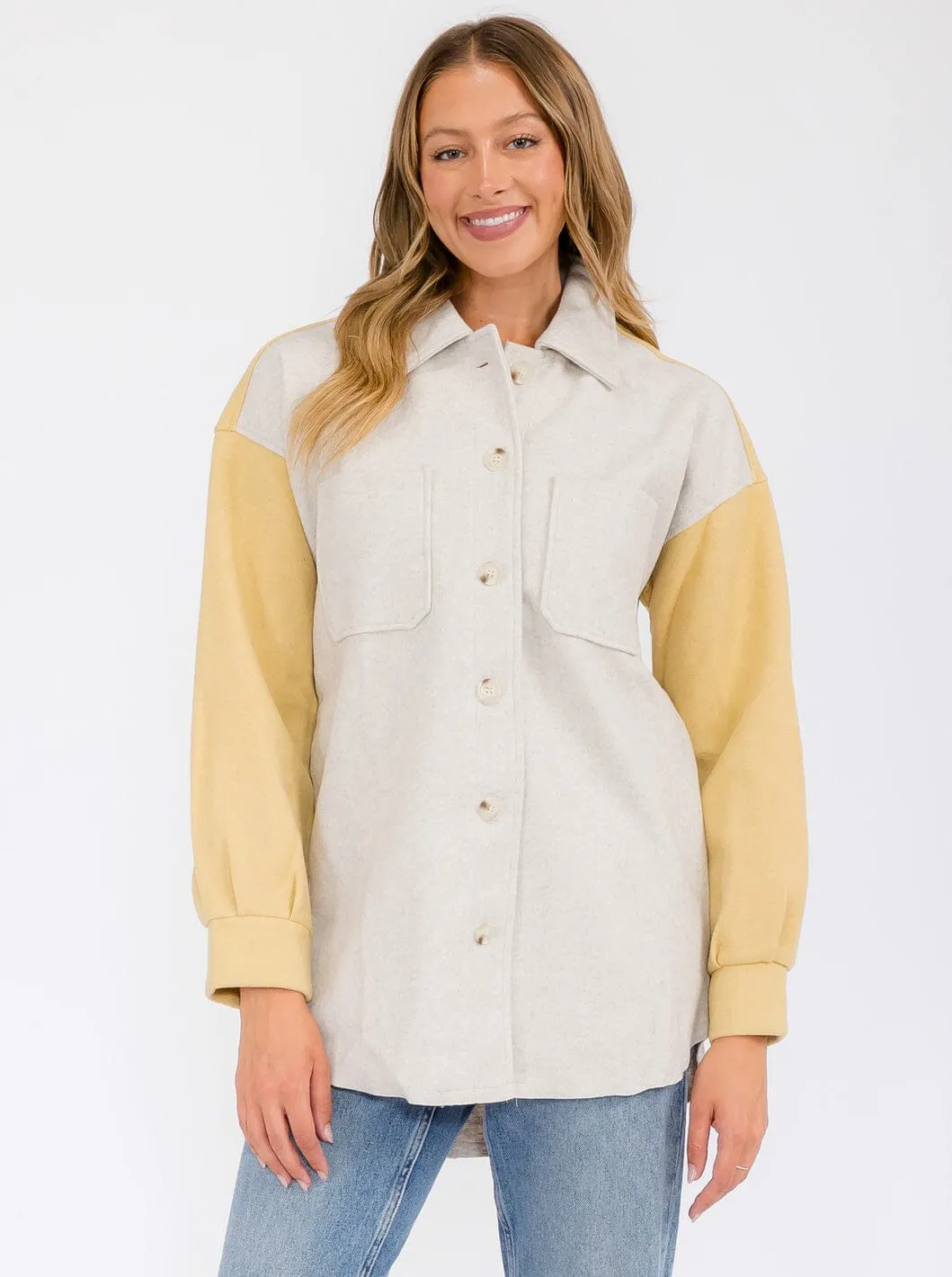 WOMEN'S LONG SLEEVE POCKETS BUTTON UP COLORBLOCK JACKET