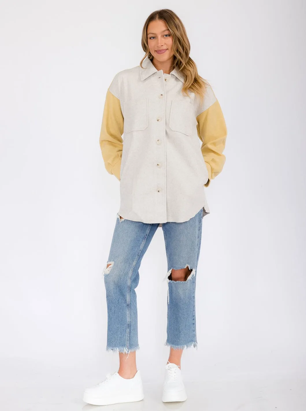 WOMEN'S LONG SLEEVE POCKETS BUTTON UP COLORBLOCK JACKET