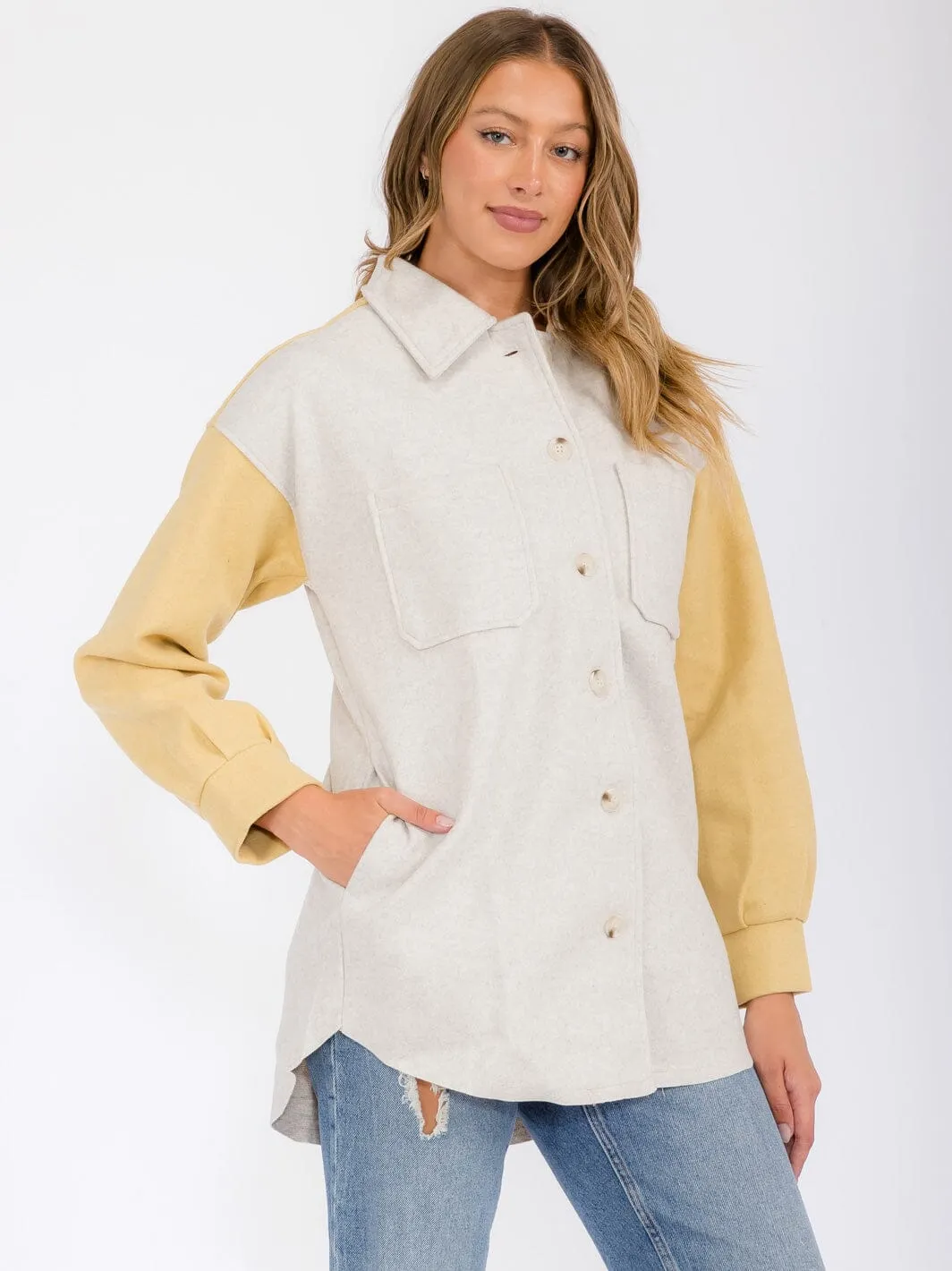 WOMEN'S LONG SLEEVE POCKETS BUTTON UP COLORBLOCK JACKET