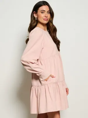 WOMEN'S LONG SLEEVE POCKETS TIERED DENIM MINI DRESS