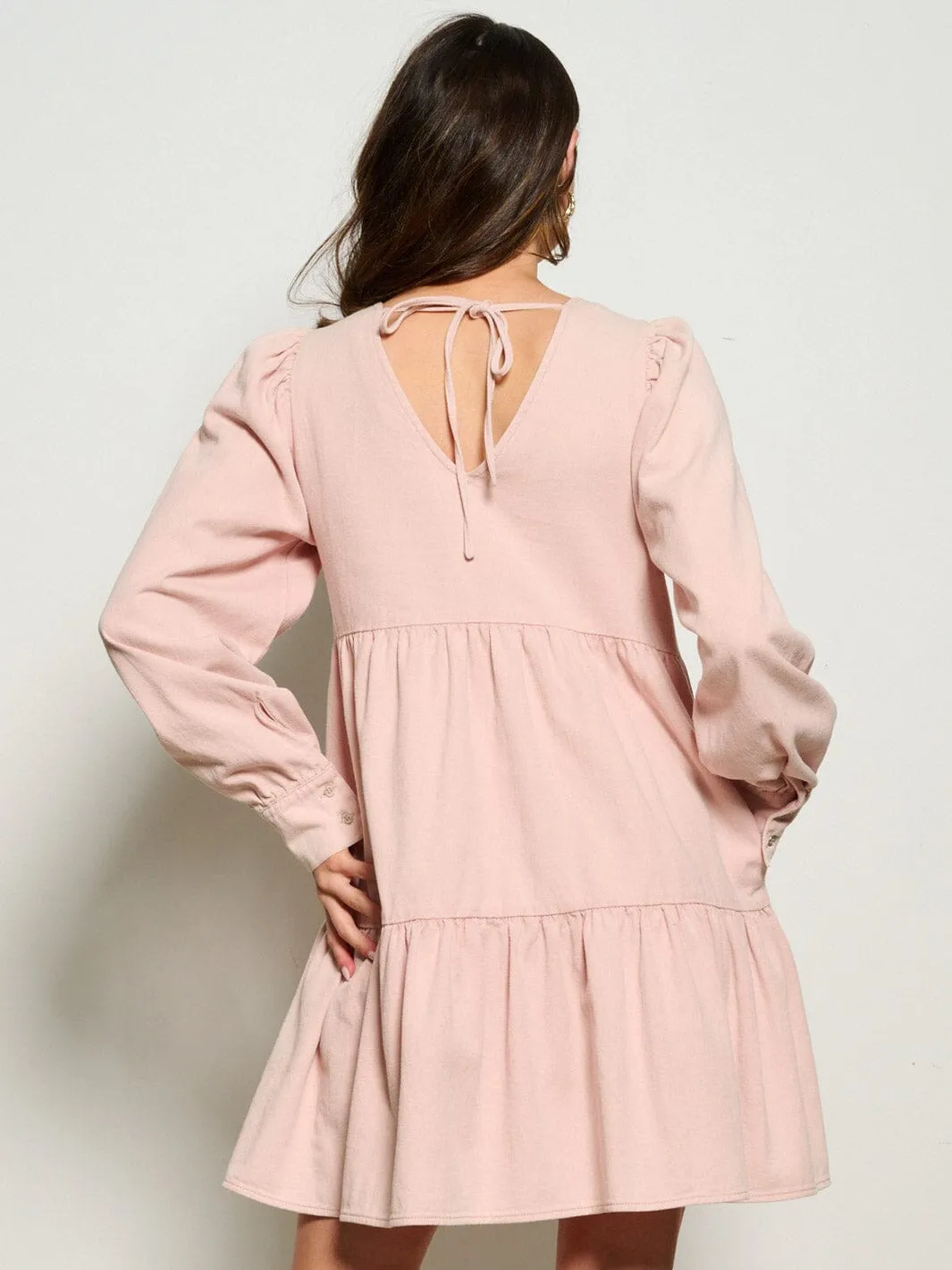 WOMEN'S LONG SLEEVE POCKETS TIERED DENIM MINI DRESS