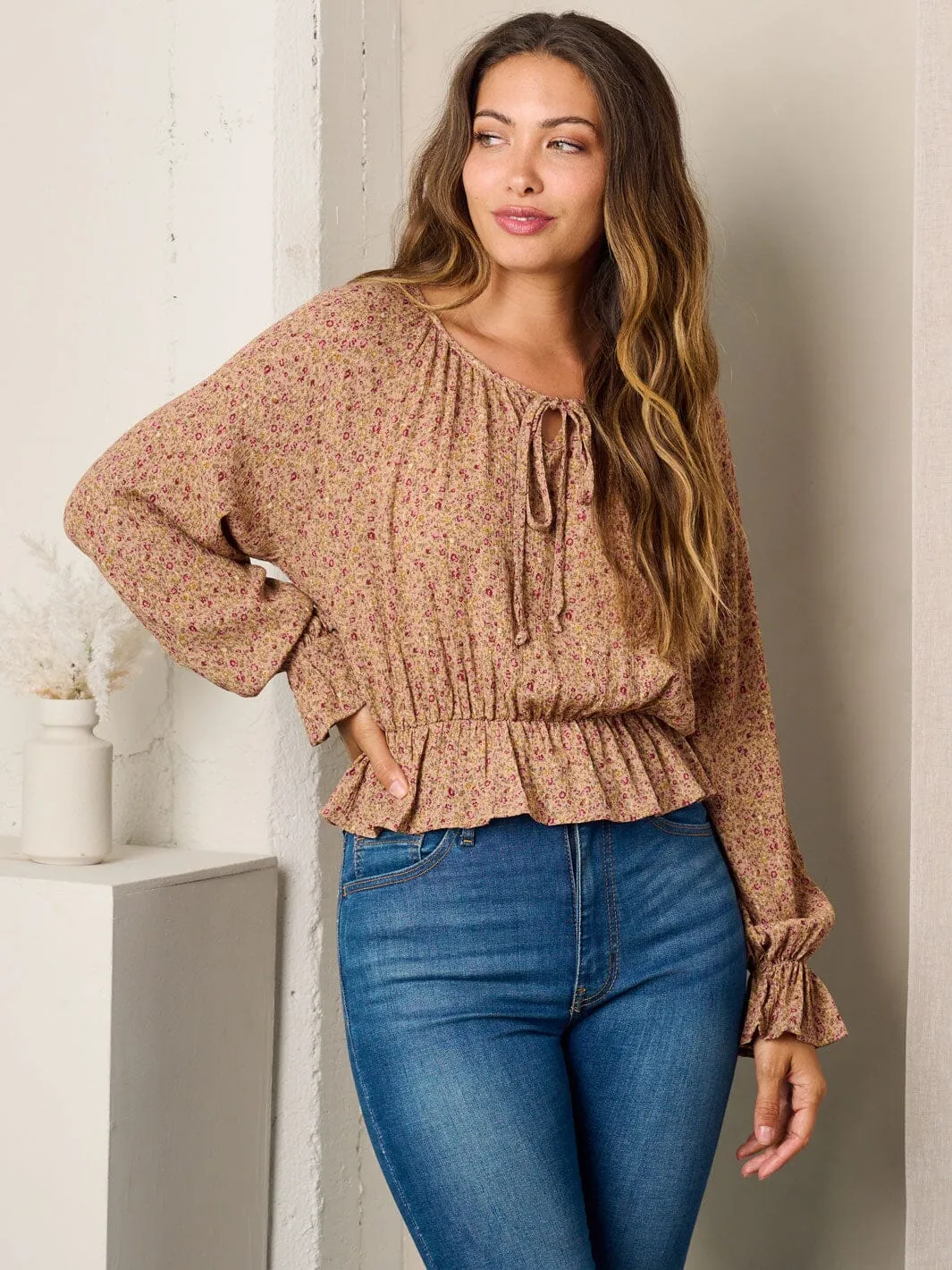 WOMEN'S LONG SLEEVE RUFFLE FLORAL BLOUSE TOP