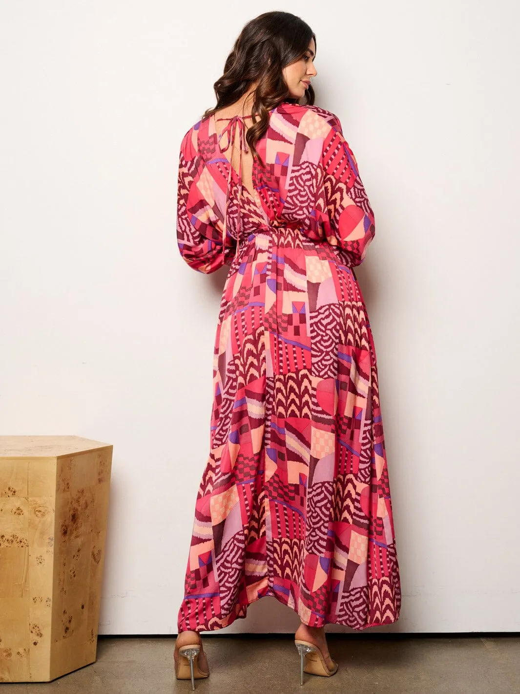 WOMEN'S LONG SLEEVE V-NECK ELASTIC WAIST MULTI PRINT MAXI DRESS