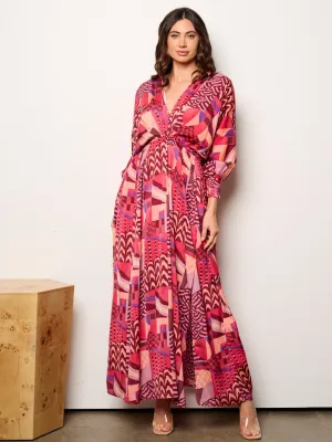 WOMEN'S LONG SLEEVE V-NECK ELASTIC WAIST MULTI PRINT MAXI DRESS